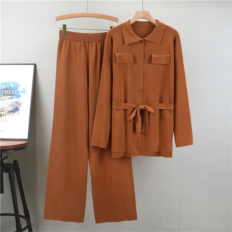 Brick Red - Loose Mid-length Lapel Two Piece Set