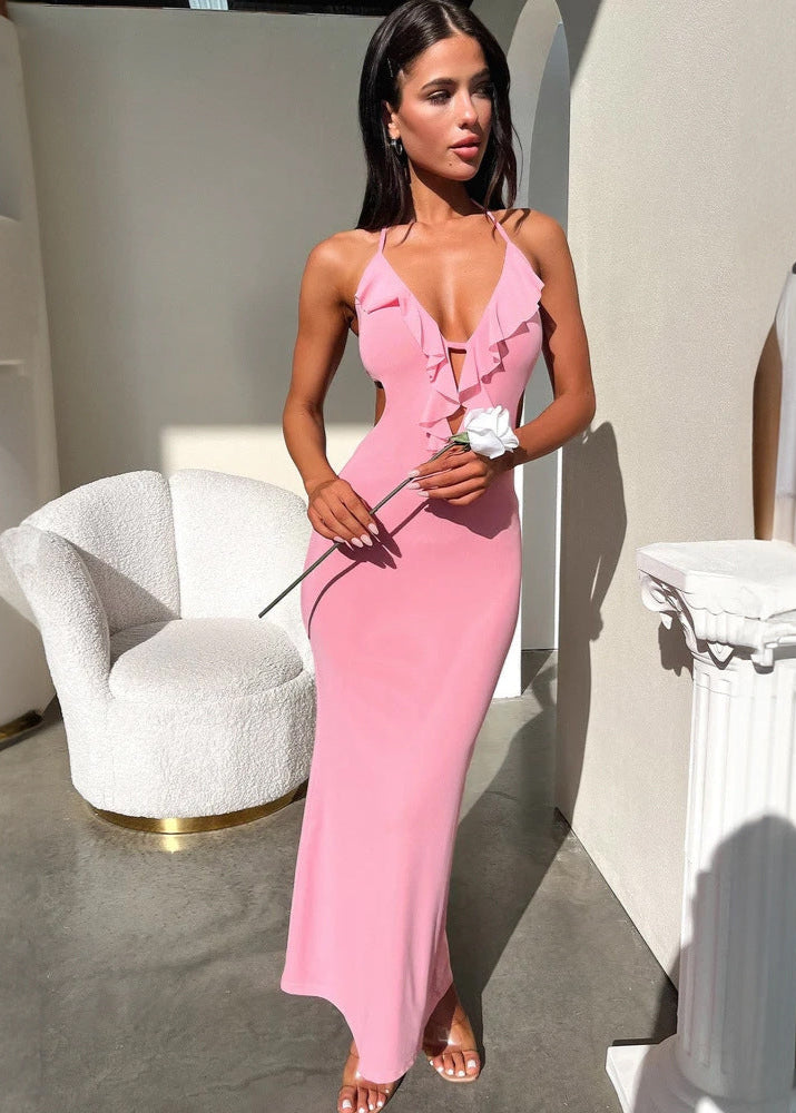 Serene Grace - Halter Maxi Dress With Ruffle Detail