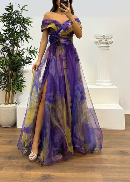Fairy Flower Feather Pendant Fallen Fold Off Shoulder Party Split Design Long Dress