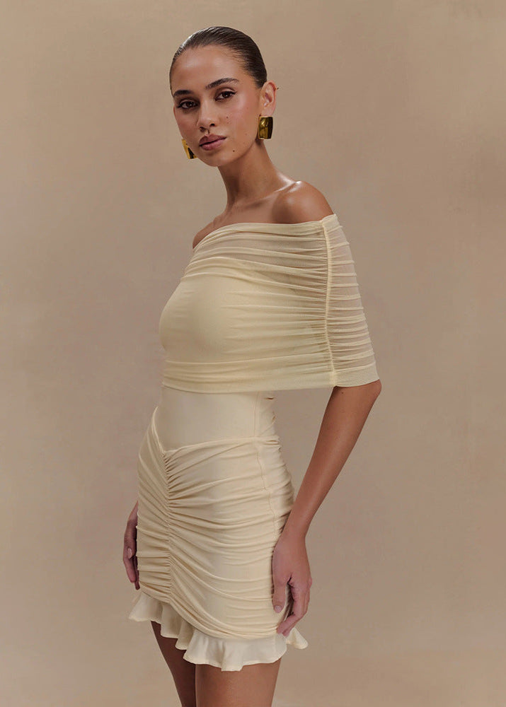 Off-shoulder Mesh Ruched Mini Dress
