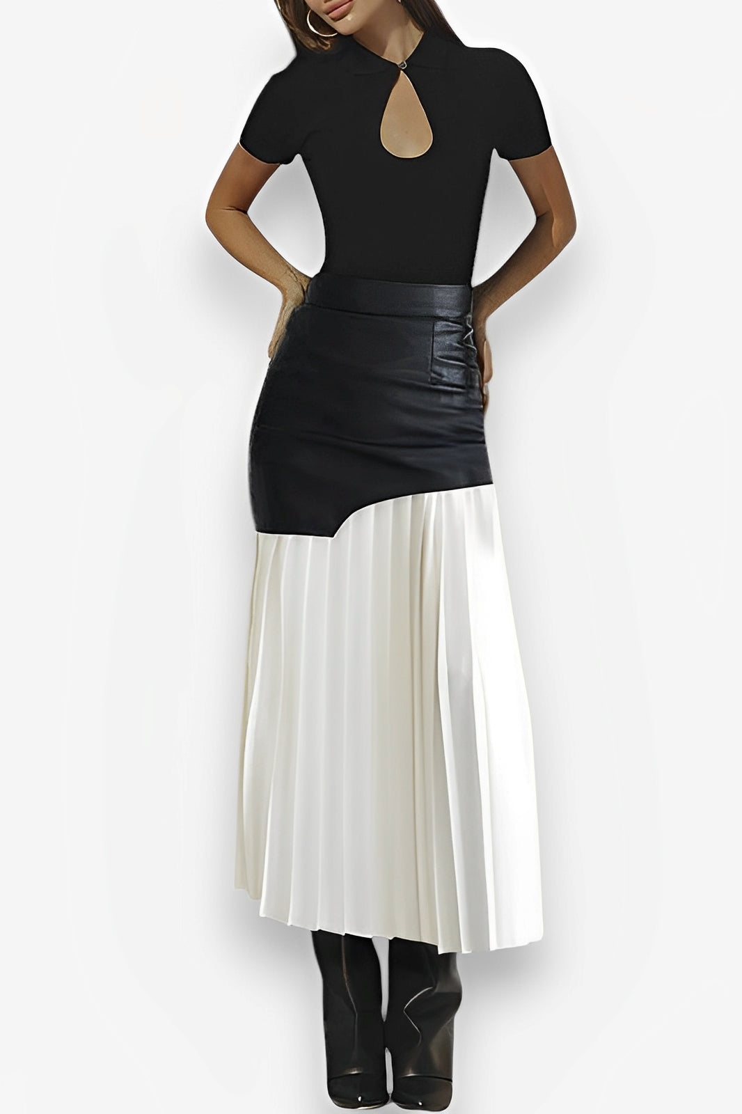 Pu Leather Stitching Pleated Skirt