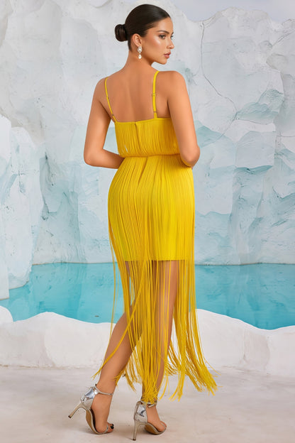 Anita Yellow Strapless Fringe Maxi Dress