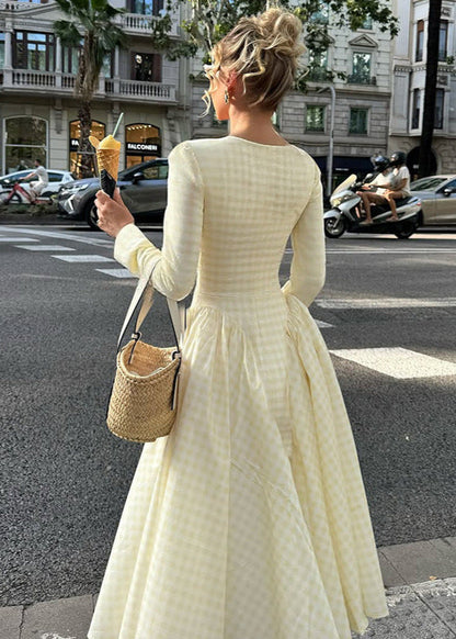 Pink Gingham Long Sleeve Midi Dress – Square Neck Fit and Flare