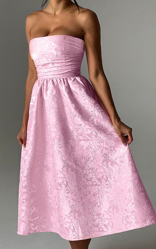Jacquard Fabric Strapless Open Back Slim Midi Dress