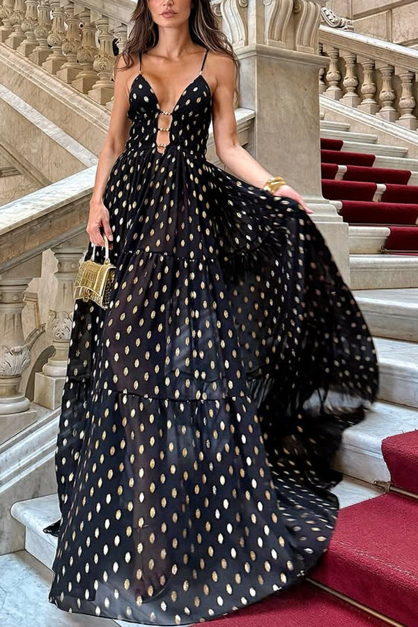 Party Charm Polka Dot Black Design Chiffon Gold Polka Dot Print Hollow Out Lightweight Long Skirt