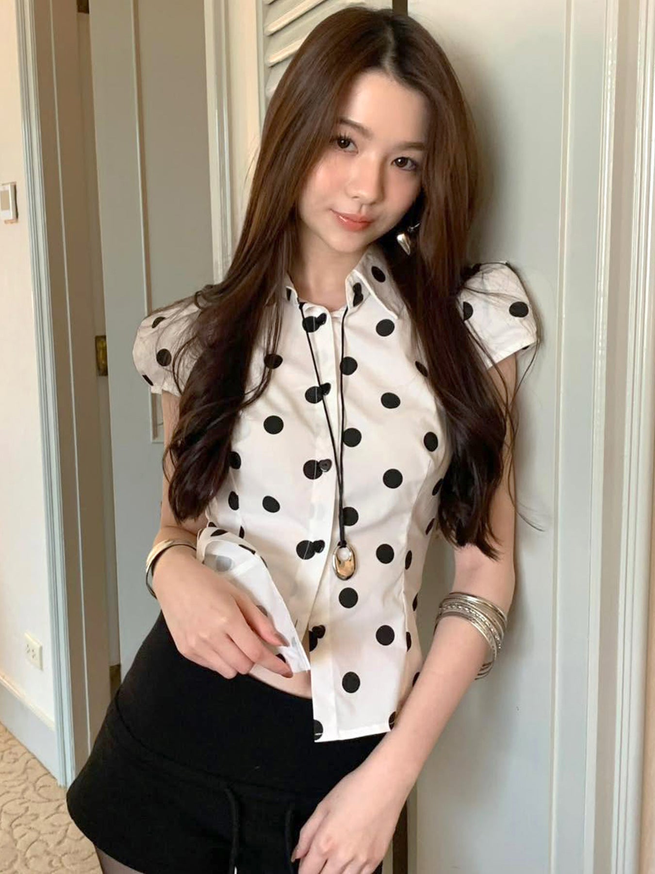 Polka Dot Print Short Sleeve Loose Versatile Blouse