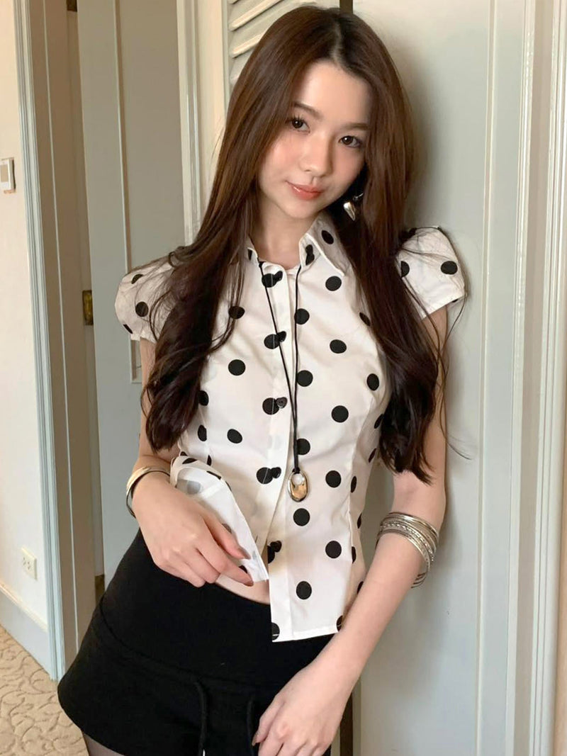 Polka Dot Print Short Sleeve Loose Versatile Blouse