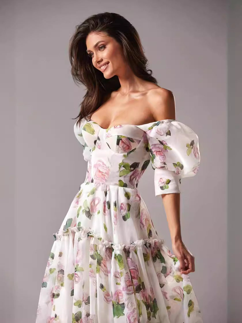 Print Off Shoulder Puff Sleeve Organza Maxi Dress