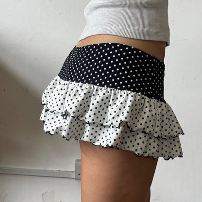 Polka Dot Patchwork Color Block Tiered Slim Mini Skirt