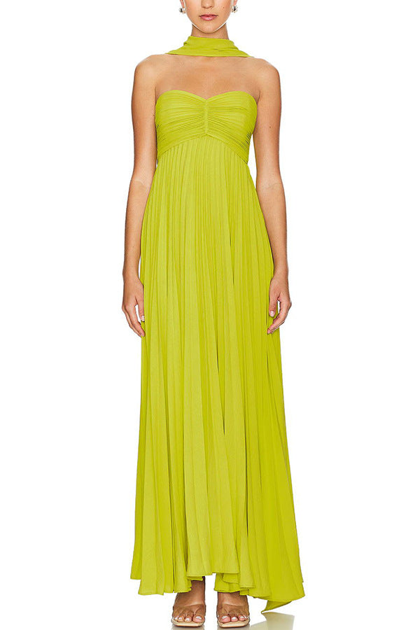 Exquisite Princess Pleated Off Shoulder With Scarf Party Maxi Dress