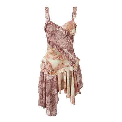 Print Asymmetrical Hem Mini Dress _ Spaghetti Strap Bodycon
