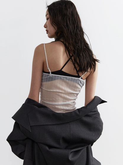 Jnylon Studio Sheer Pleated Corset Top - White Mesh Ruched Bustier With Tulle Skirt