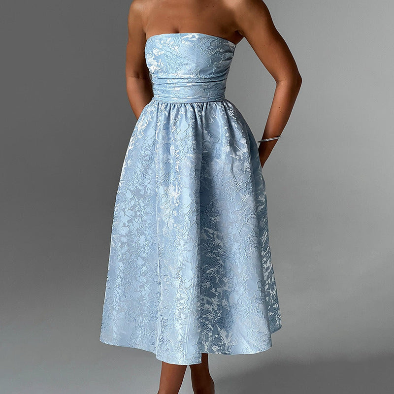 Jacquard Fabric Strapless Open Back Slim Midi Dress