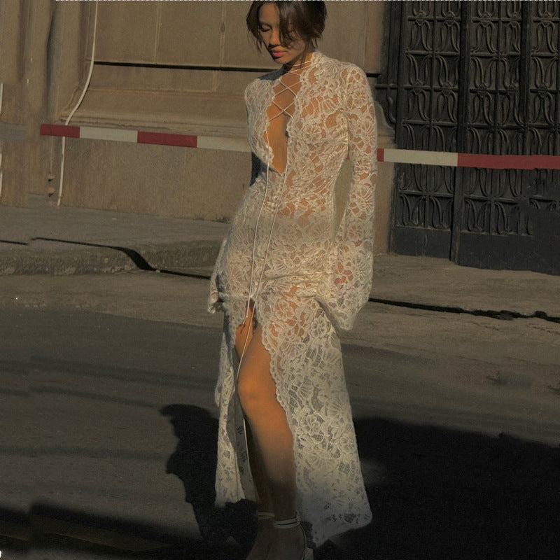Garcelle Lace Lace-up Long Bell Sleeve Slit Midi Dress