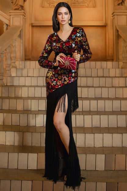 Faelan V-neck Fringe Sequin Maxi Dress