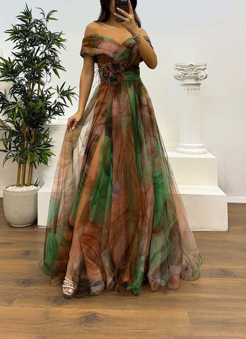Fairy Flower Feather Pendant Fallen Fold Off Shoulder Party Split Design Long Dress