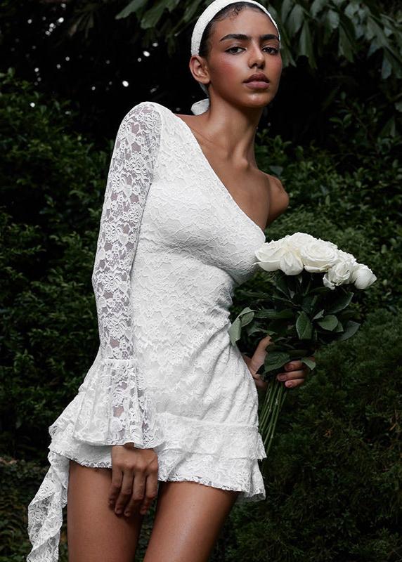 One-shoulder Lace Ruffle Mini Dress