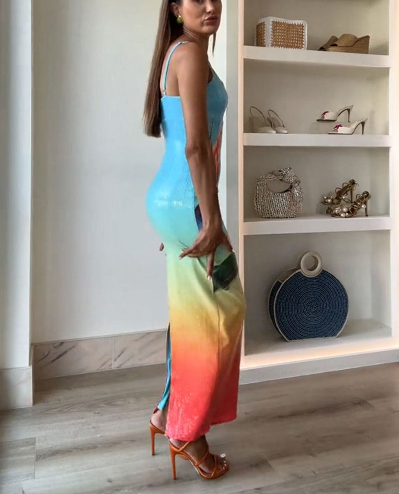 Dreamy Dreamy Sequin Unique Gradient Print Slit Stretch Maxi Dress(shipped Within 24 Hours)