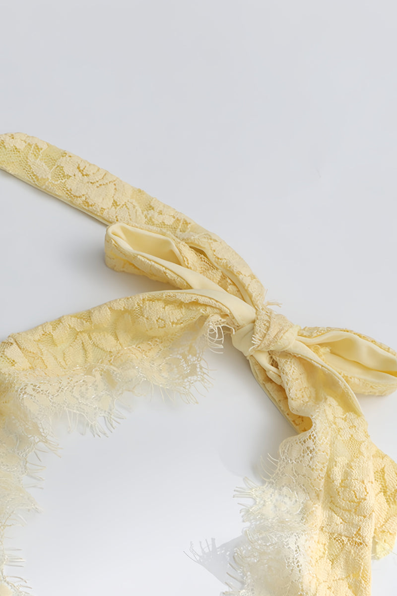 Quillrt Yellow Backless Lace Mesh Midi Dress