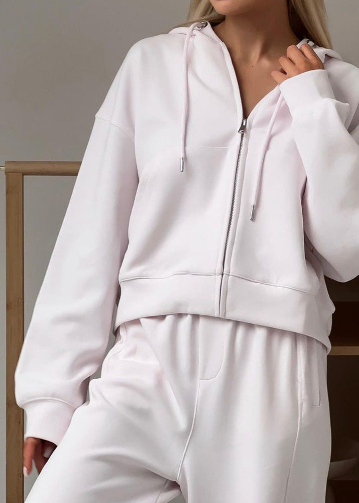 Soft Beige Zip Hoodie and Wide-leg Pants Set – ’s Relaxed Fit Tracksuit