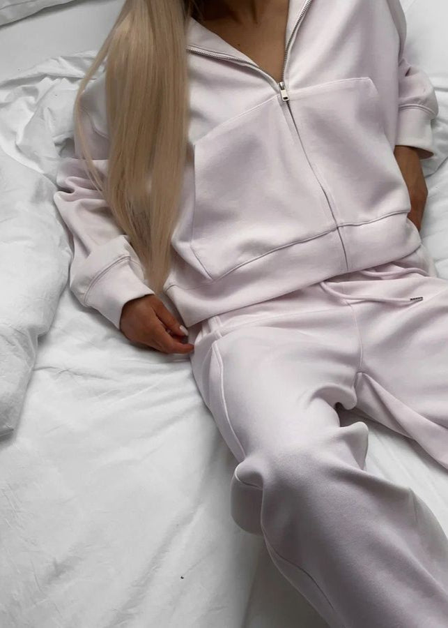 Soft Beige Zip Hoodie and Wide-leg Pants Set – ’s Relaxed Fit Tracksuit