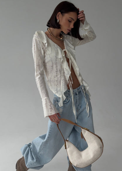 Sheer Ruffle-trim Tie-front Blouse