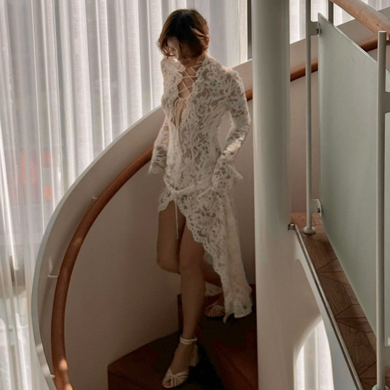 Garcelle Lace Lace-up Long Bell Sleeve Slit Midi Dress
