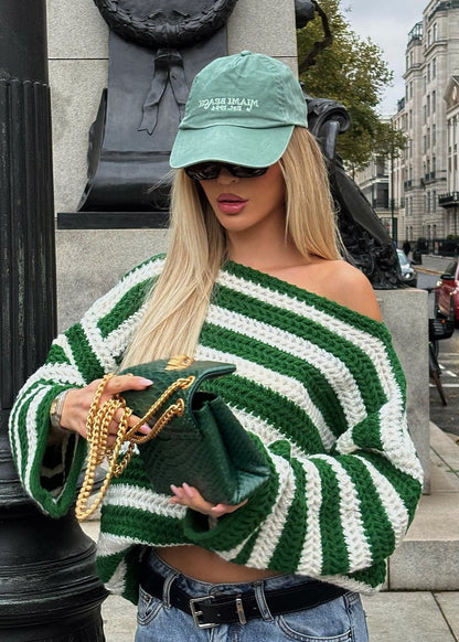 Striped Off-shoulder Knit Sweater