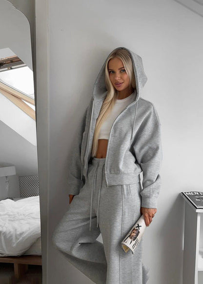Charcoal Zip-up Hoodie and Wide-leg Pants Set – Cozy Two-piece Loungewear