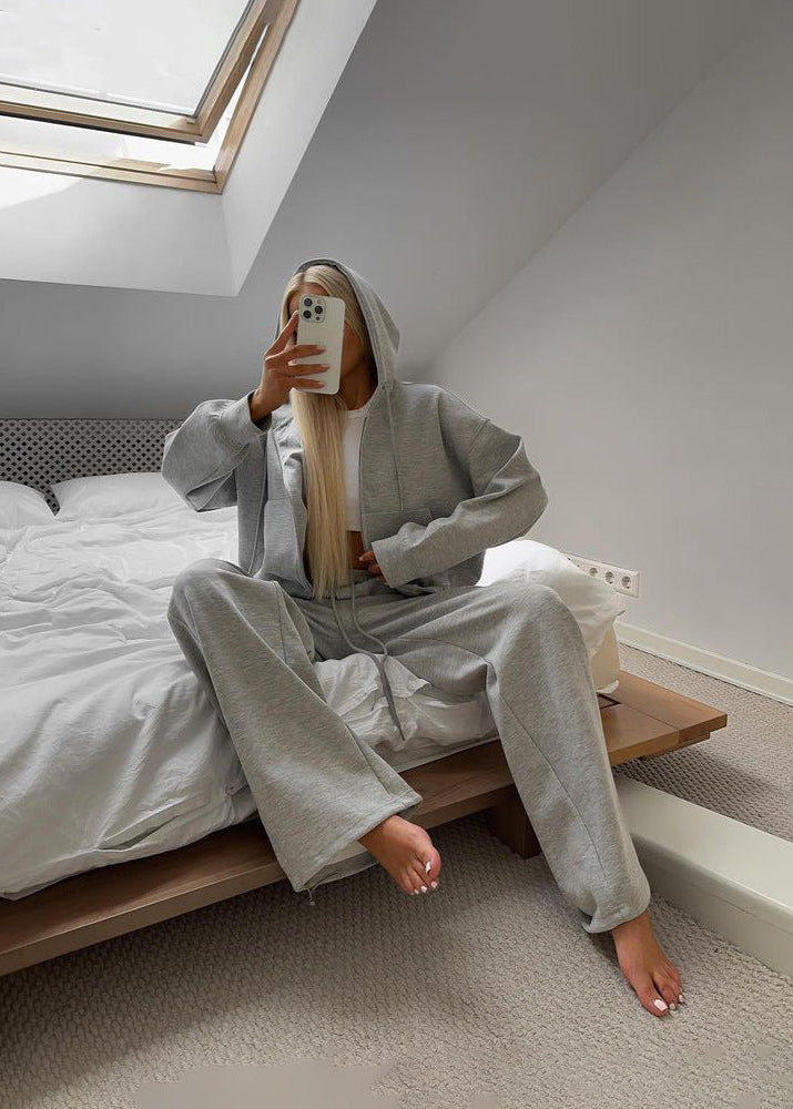 Charcoal Zip-up Hoodie and Wide-leg Pants Set – Cozy Two-piece Loungewear