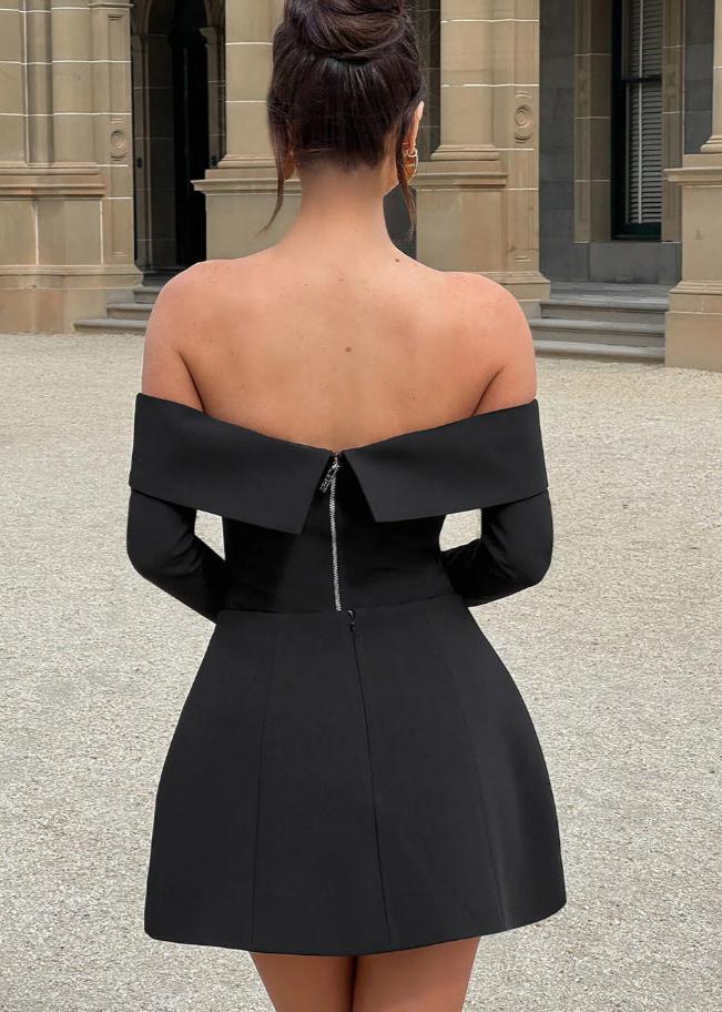 Off-shoulder Mini Flare Dress With Long Sleeves