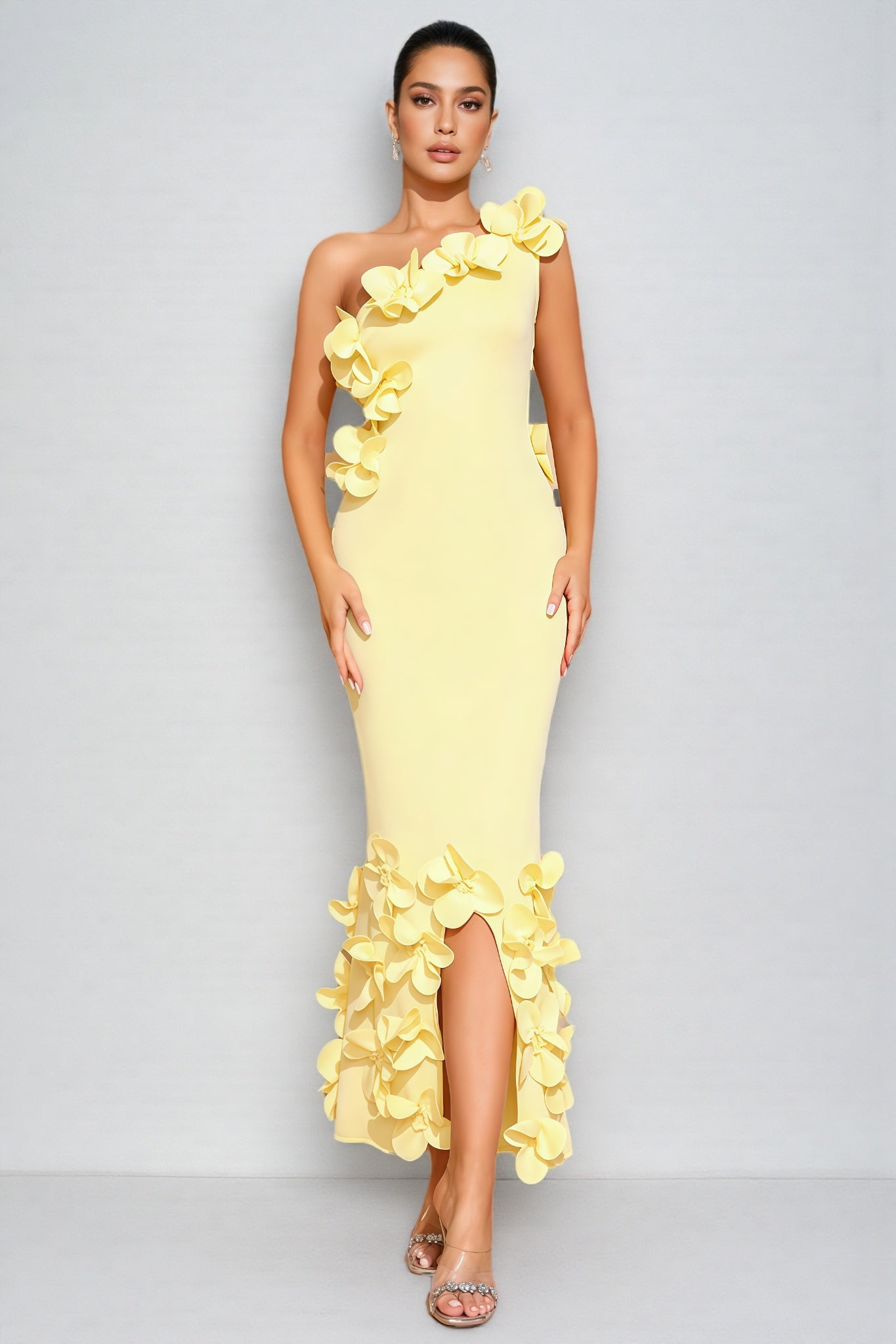 Zalia Yellow One-shoulder 3d Maxi Dress