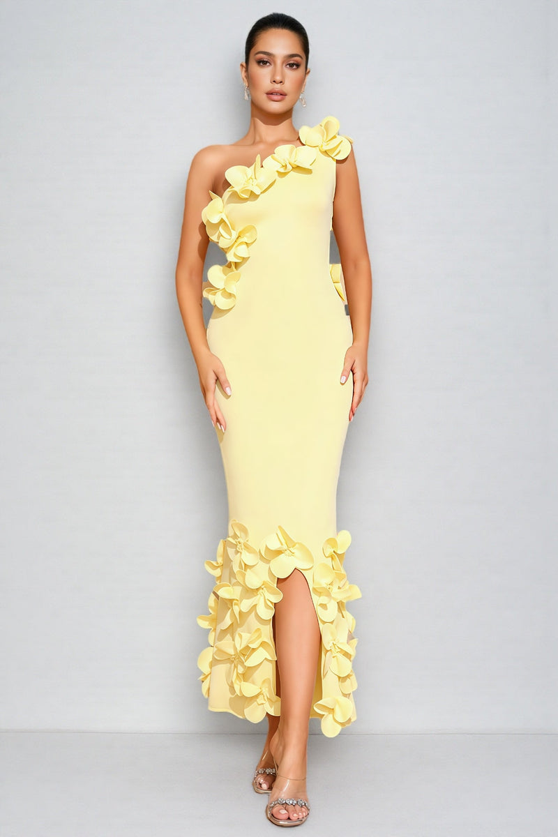 Zalia Yellow One-shoulder 3d Maxi Dress