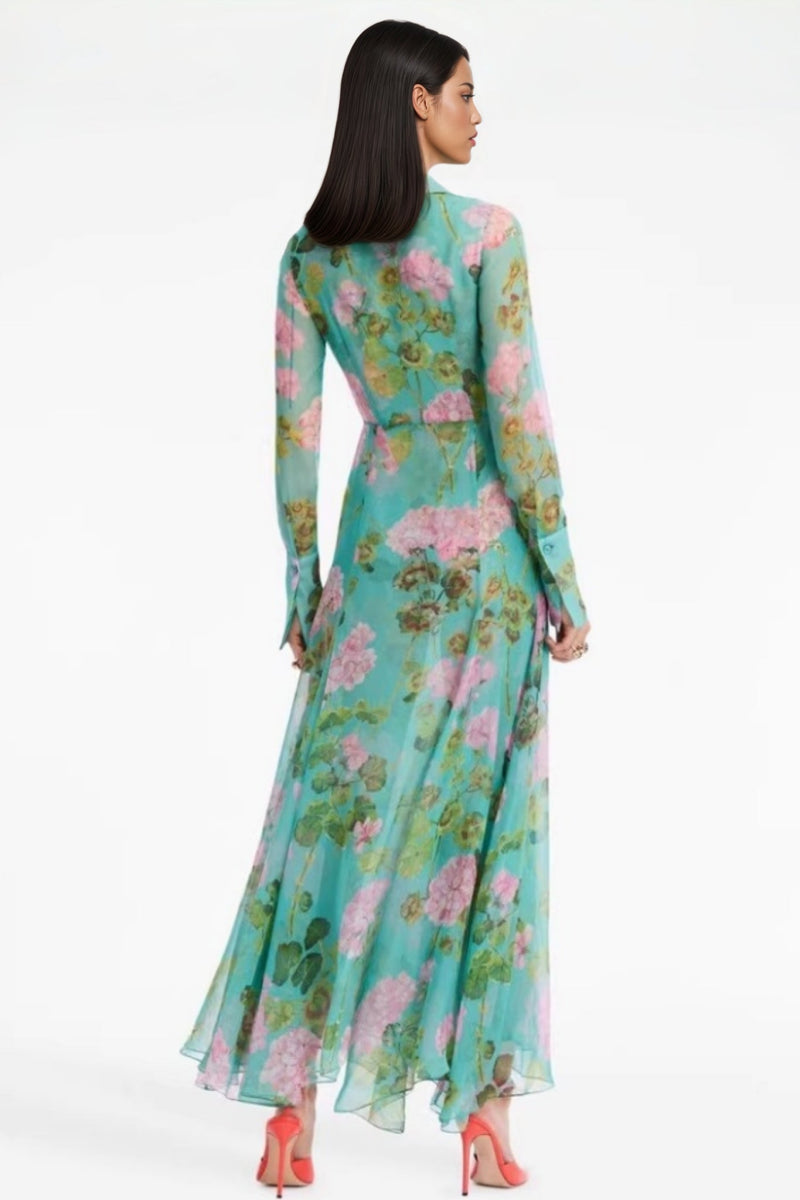 Vira Green Printed Single Breasted Maxi Dress