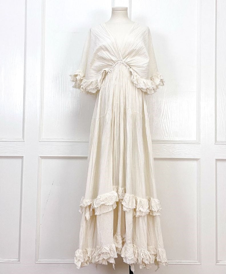 Tailande Linen Maxi Dress _ V-neck Ruffle Goddess Gown With 10-meter Full Hem