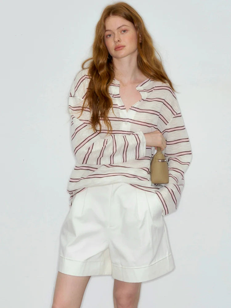 Striped V-neck Long Sleeve Sweatshirt