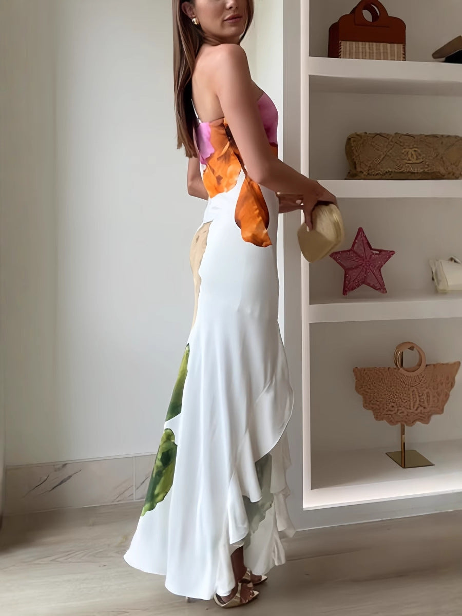 ' Design Flower Printed Single Shoulder Side Ruffle Long Dress