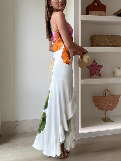 ' Design Flower Printed Single Shoulder Side Ruffle Long Dress