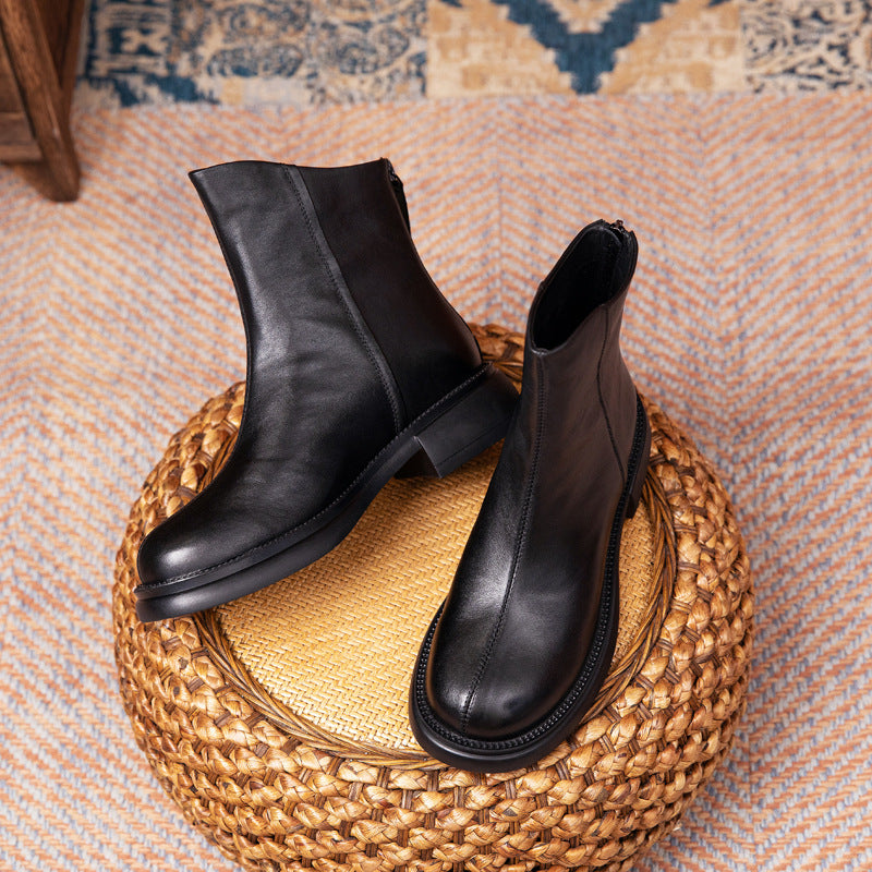 Layer Cowhide Autumn Flat Ankle Retro Boots