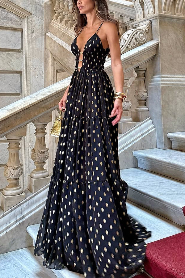 Party Charm Polka Dot Black Design Chiffon Gold Polka Dot Print Hollow Out Lightweight Long Skirt