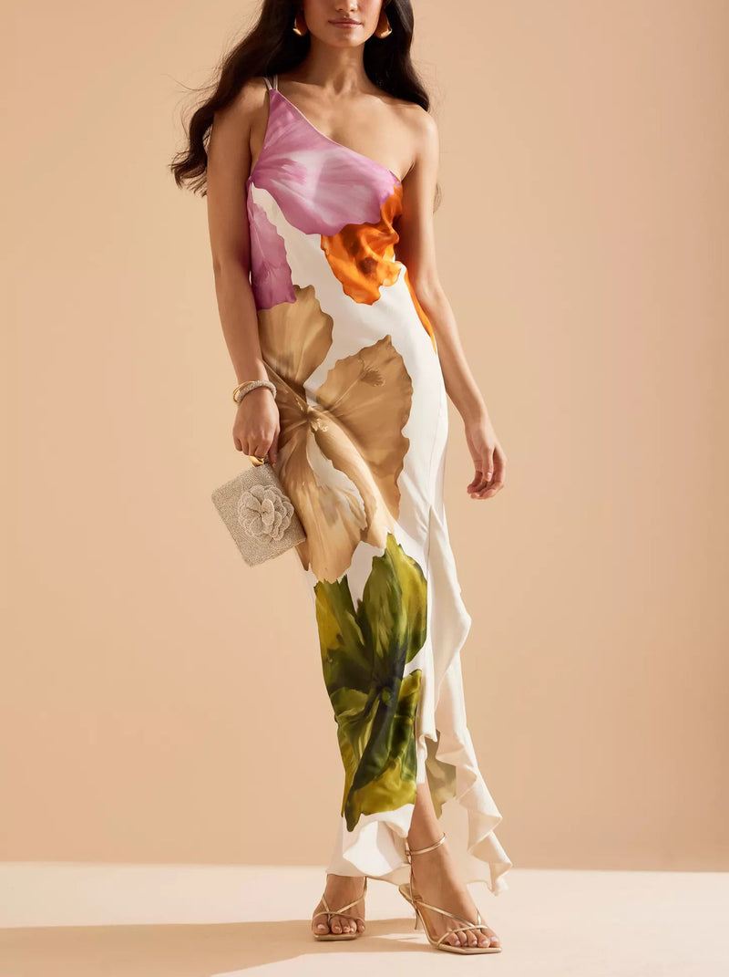 ' Design Flower Printed Single Shoulder Side Ruffle Long Dress