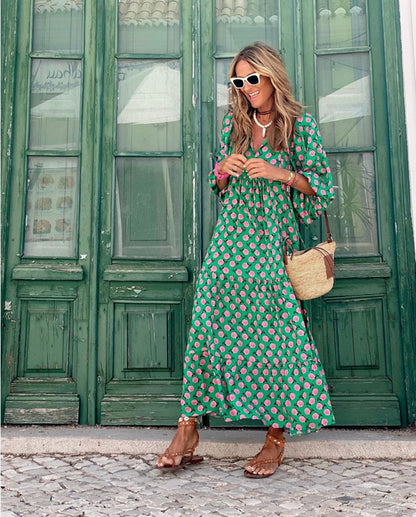 Fashionable Street Picnic Bubble Sleeve Layered Party Midi Dress