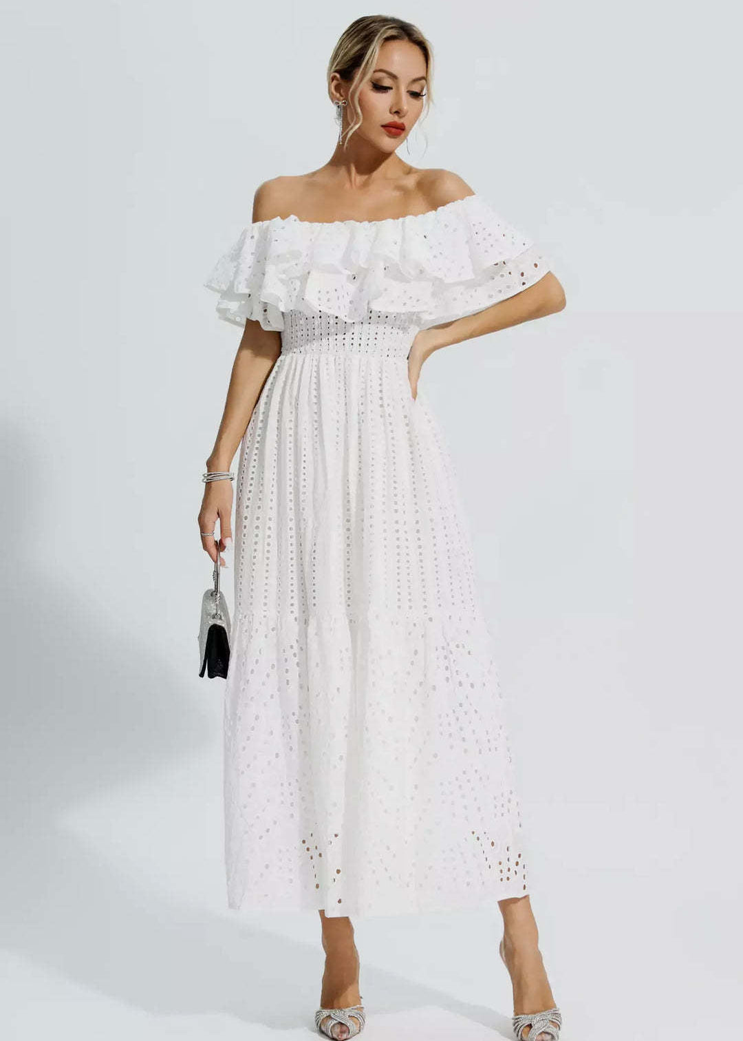 Lunara Eyelet Off-shoulder Dress – White Ruffle Midi