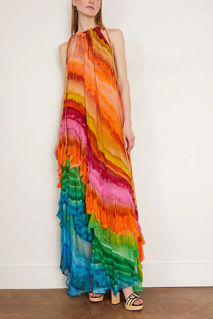 Rosha Georgette Crepe Tie-dye Print Layered Ruffles A-line Maxi Dress