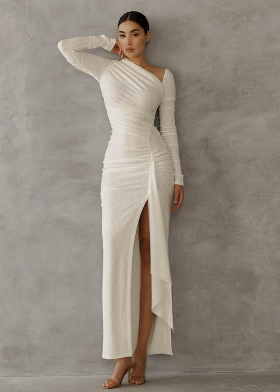 Ivory Elegance Maxi Dress With Asymmetric Draping