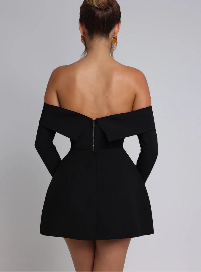 Off-shoulder Mini Flare Dress With Long Sleeves