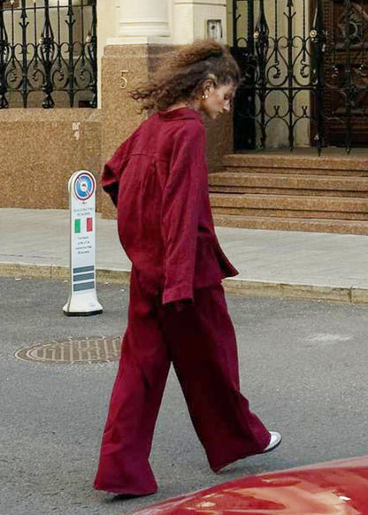 Merlot – Relaxed Cotton Shirt & Wide-leg Pants Set