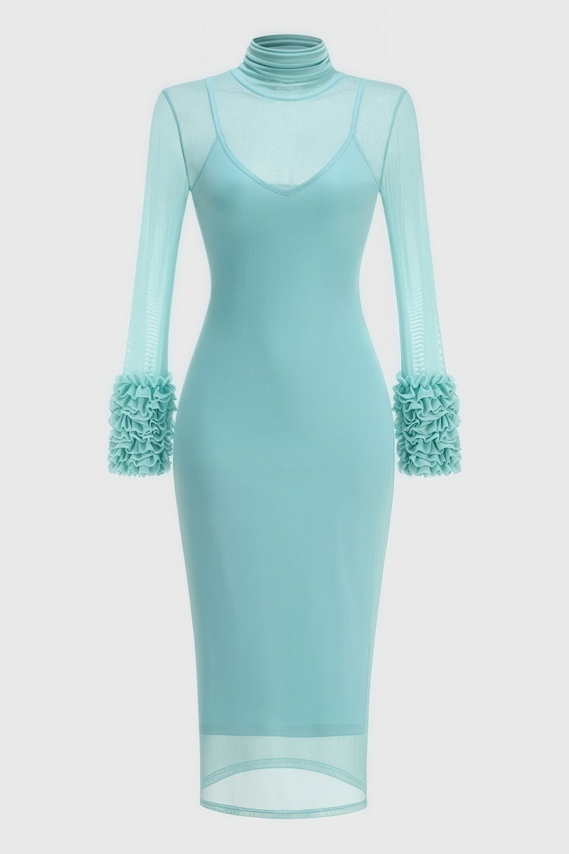 Abrife Blue Sheer Mesh Maxi Dress