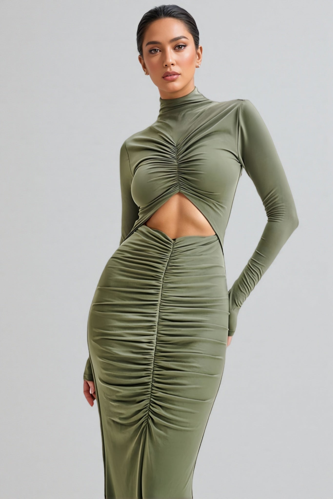 Tona Army Green Cutout Pleated Maxi Dress