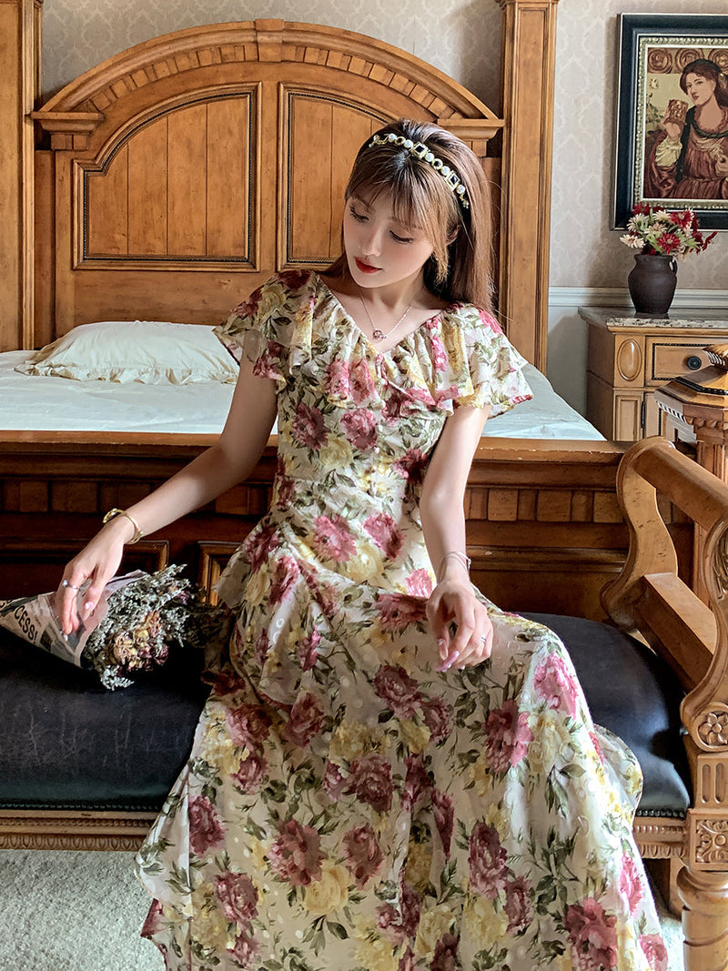 French Court-style Maxi Dress _ Ruffled Off-shoulder Chiffon Dream Gunne Sax Dress